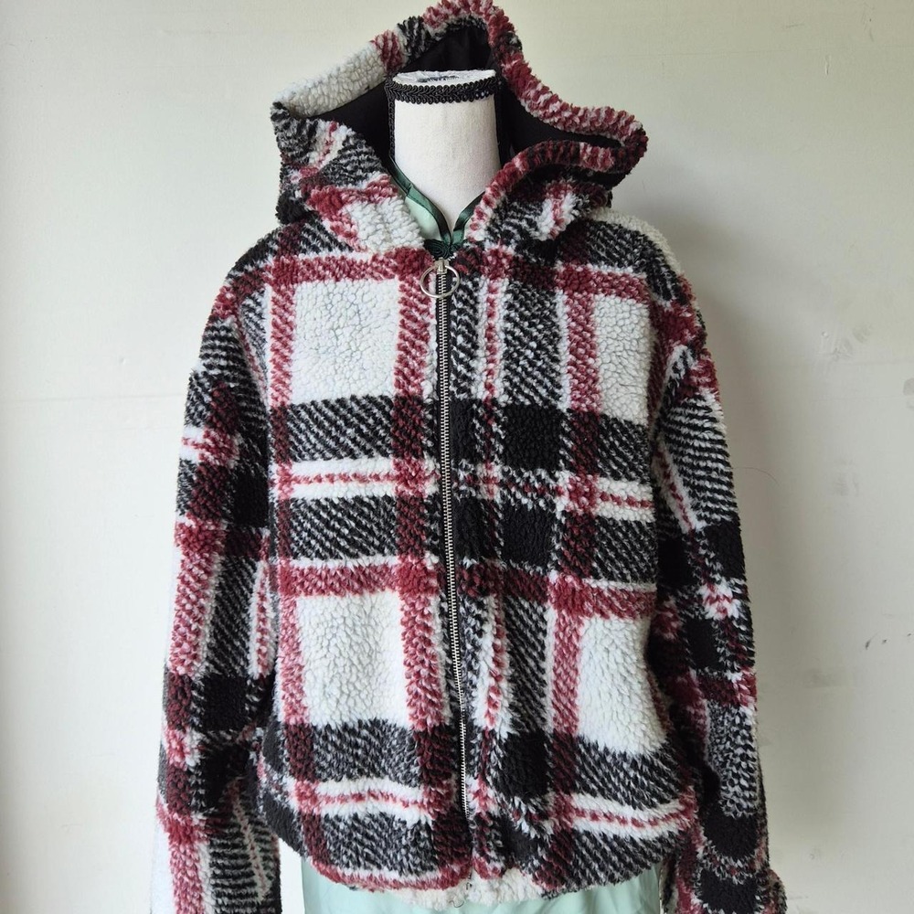 Thread & Supply Plaid Sherpa Hoodie Womens Medium Grunge Fleece Cabincore Cozy
